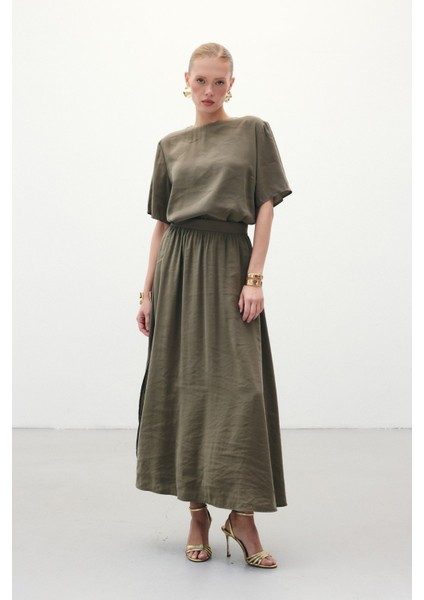 Yırtmaçlı Uzun Etek - Haki