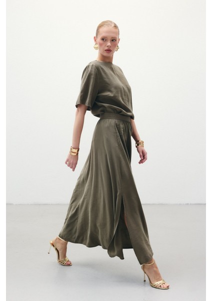 Yırtmaçlı Uzun Etek - Haki fiyatları