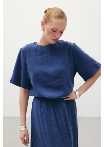 Kısa Kollu Salaş Bluz - Indigo