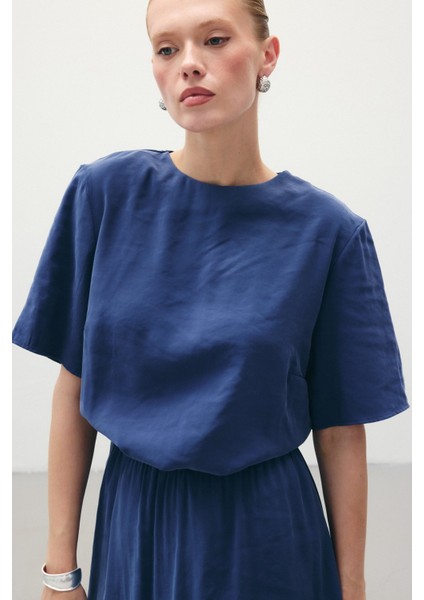 Kısa Kollu Salaş Bluz - Indigo fırsatları