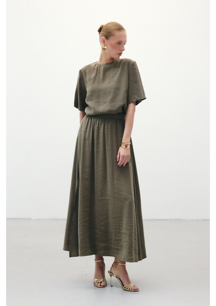 Yırtmaçlı Uzun Etek - Haki fırsatları