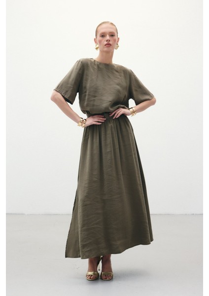 Yırtmaçlı Uzun Etek - Haki indirimleri