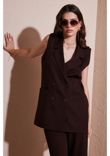 Oversize Fit Mono Yaka Kolsuz Düğmeli Ceket Yelek Bayan Yelek 6521177