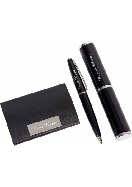 Kişiye Özel Kartvizitlik ve Silindir Kutulu Metal Tükenmez Kalem Seti