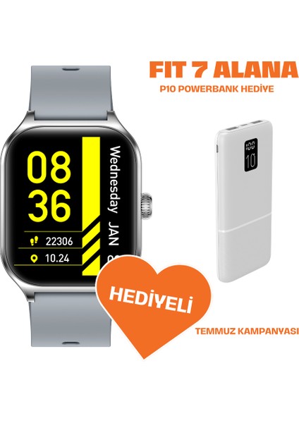 Powerbanklı Fit7 Akıllı Saat Alüminyum Kasa Spor Silikon Kordon