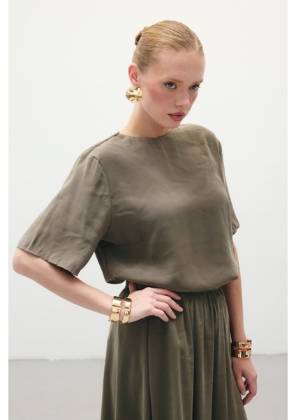 Kısa Kollu Salaş Bluz - Haki