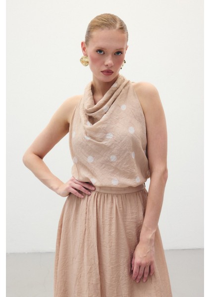 Kolsuz Puantiye Desenli Bluz - Pudra fiyatları