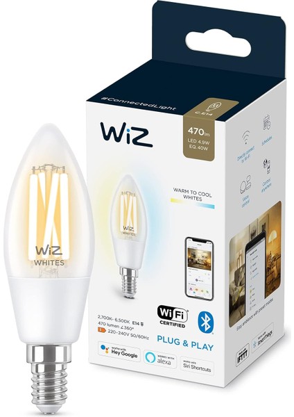 Wi-Fi 40W Sarı/beyaz Şeffaf Cam Mum Tipi Akıllı Ampul C35 E14