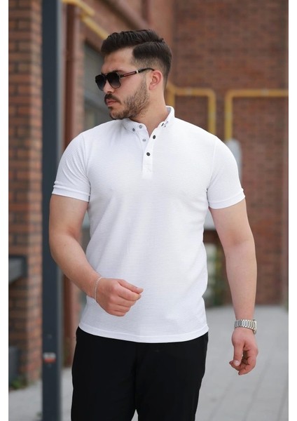 Erkek Çizgi Dokulu Çıtçıt Yakalı Kısa Kollu T-Shirt