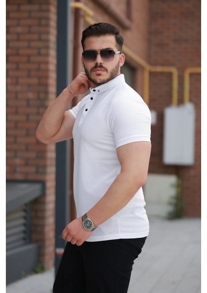 Erkek Çizgi Dokulu Çıtçıt Yakalı Kısa Kollu T-Shirt fiyatları