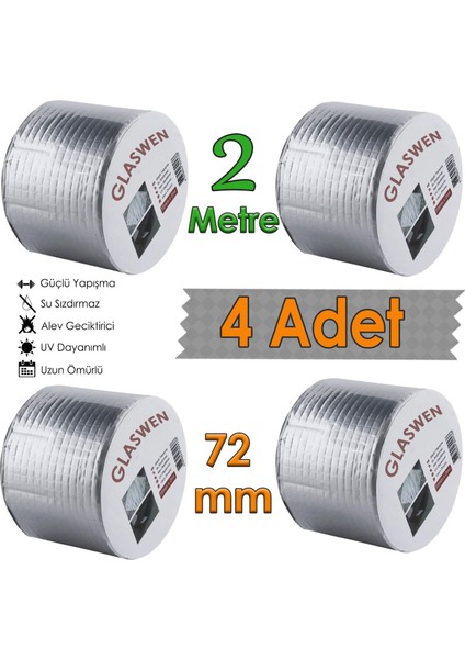 4 Adet Çatı Izolasyon Bandı 72 mm x 2 mt Su Sızdırmazlık Geçirmez Yalıtım Çamur Boru Sakız Tamir Bant