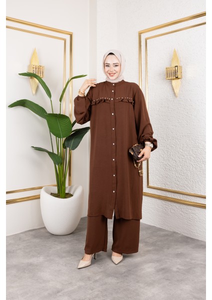 Ayrobin Kumaş Inci Detaylı Takım / T105 - Kahverengi