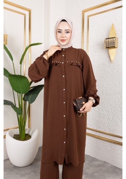 Ayrobin Kumaş Inci Detaylı Takım / T105 - Kahverengi modelleri