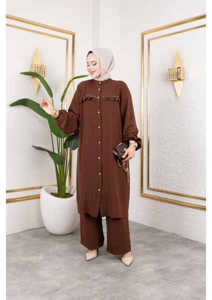 Ayrobin Kumaş Inci Detaylı Takım / T105 - Kahverengi fırsatları