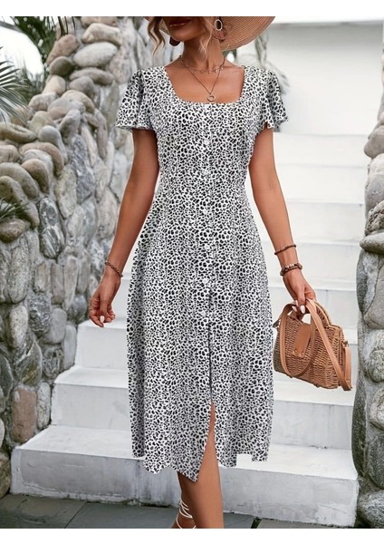 Kadın Kısa Kollu Kare Yaka Önden Düğmeli Çiçekli Süprem Elbise