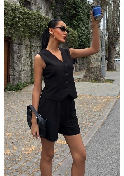 Yelek Şort Flamlı Keten Takım 10133-17