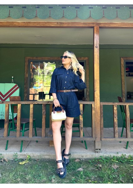 Kadın Denim Gömlek Şort Takım Lacivert