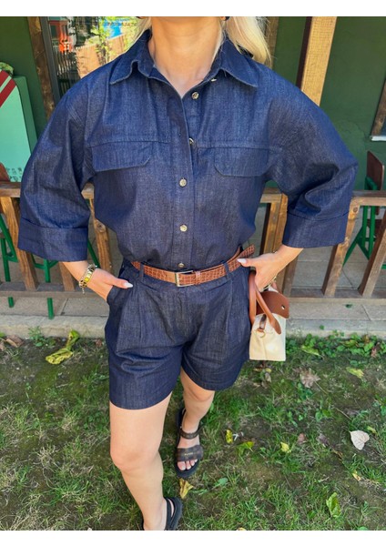 Kadın Denim Gömlek Şort Takım Lacivert fiyatları