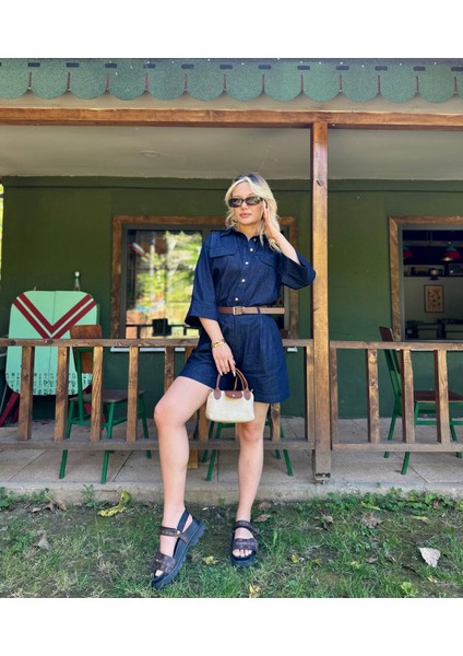 Kadın Denim Gömlek Şort Takım Lacivert modelleri
