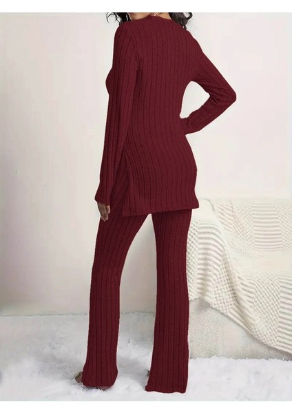 Kadın Uzun Kollu Yuvarlak Yaka Yandan Yırtmaç Detaylı Şardonlu Kaşkorse Bluz ve Pantolon Ikili Takım modelleri