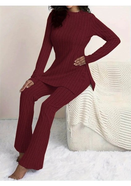 Kadın Uzun Kollu Yuvarlak Yaka Yandan Yırtmaç Detaylı Şardonlu Kaşkorse Bluz ve Pantolon Ikili Takım fırsatları