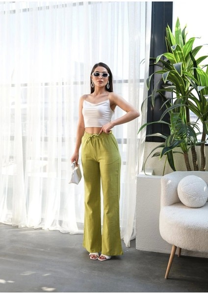 Beli̇ Lasti̇kli̇ ve Bağcikli Keten Pantolon