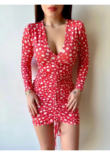 Kadın V Yaka Önü Asansör Büzgü Detay Fırsat Ürün Puantiyeli Mini Elbise fiyatları