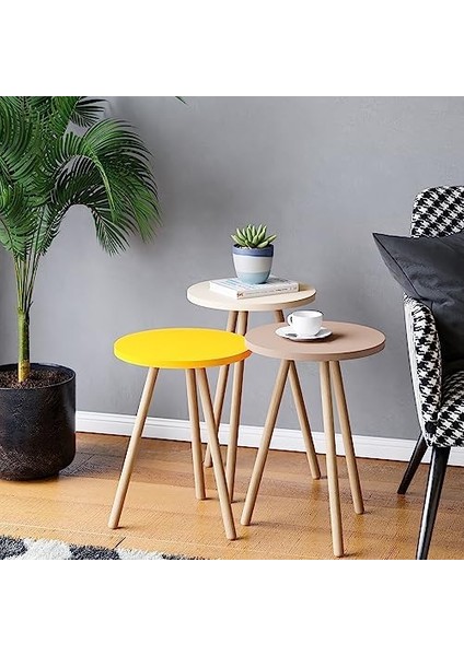 Üçlü Zigon Sehpa Ahşap Ayaklı Yuvarlak Pastel Tasarım (Sarı,krem,cappuccino)