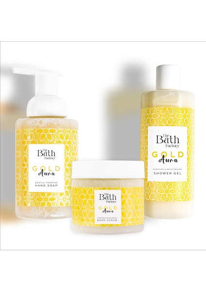 Gold Aura Vücut Peelingi + Gold Aura Duş Jeli + Gold Aura Köpük Sabun
