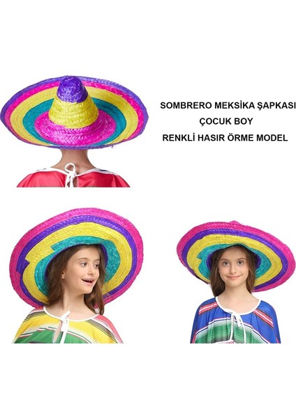 Sombrero Meksika Şapkası Renkli Örme Hasır Çocuk Boy