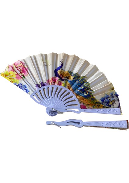 Tavus Kuşu Desenli Katlanır Kumaş Yelpaze 23 cm