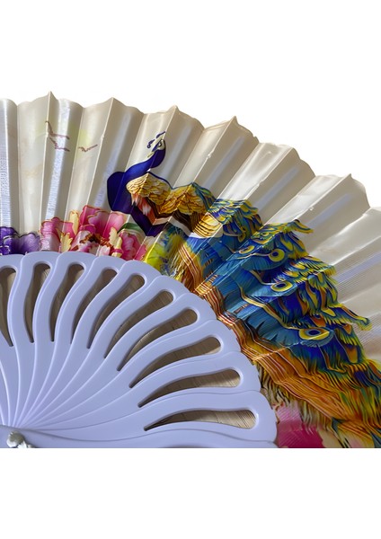 Tavus Kuşu Desenli Katlanır Kumaş Yelpaze 23 cm fiyatları