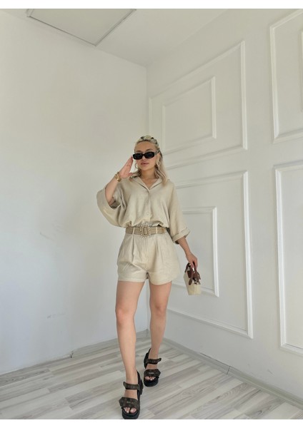 Kadın Gömlek Şort Keten Takım Taş Rengi