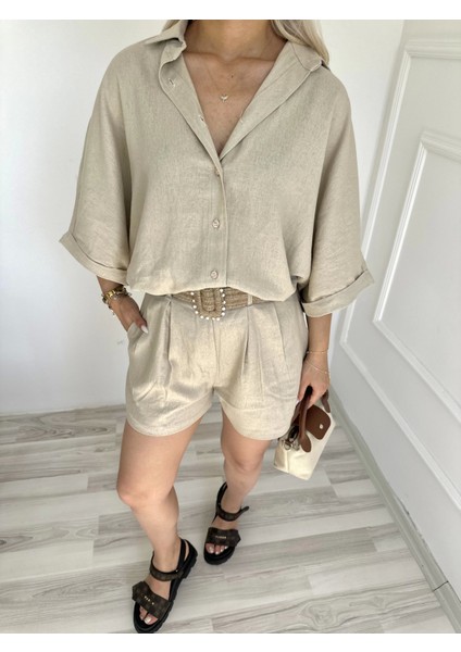 Kadın Gömlek Şort Keten Takım Taş Rengi fiyatları