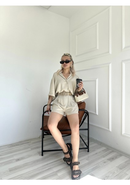 Kadın Gömlek Şort Keten Takım Taş Rengi fırsatları