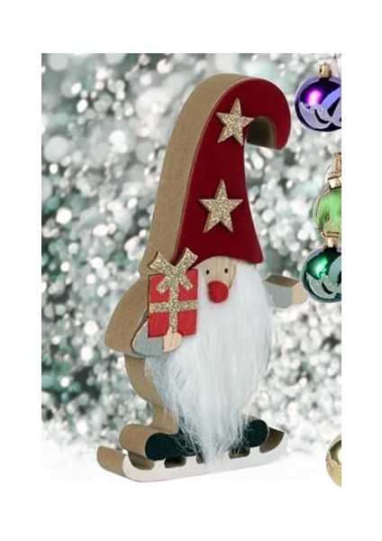 Yılbaşı Süsü Dekoratif Ahşap Kürklü Gnome Noel Baba Biblo Figür - 14 cm