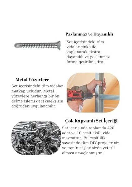 All Essential Fasteners 420&APOS;LI Akıllı Havşa Başlı Vida Seti–10 Çeşit Matkap Uçlu –takım Çantalı Akıllı Vida Seti modelleri