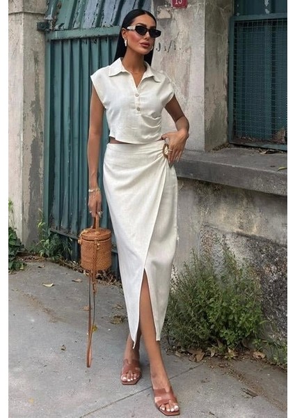 Bluzu Büzgülü ve Eteği Tokalı Keten Takım 10204 indirimleri