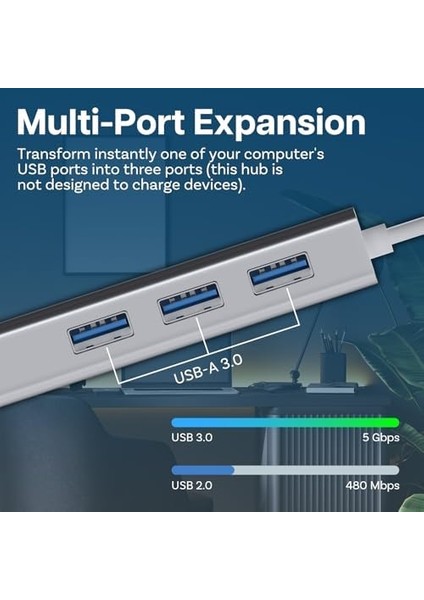 USB Tip C Ethernet 1000MBPS - 1 Gigabit RJ45 Adaptör ve 3 USB Bağlantı Noktası 3.0 Data Hub Macbook Air/pro Imac Acer Lenovo Asus Hp Samsung Huawei ile Uyumlu - Gümüş