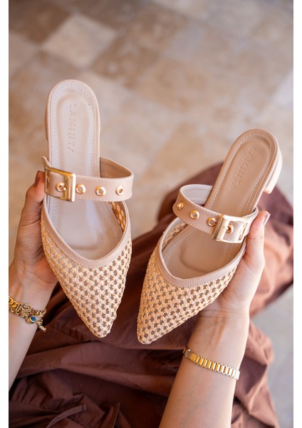 Pangu Gold Kemer Detaylı Hasır Kadın Terlik modelleri