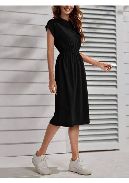 Kadın Kısa Kollu Bisiklet Yaka Belden Lastikli Midi Viskon Elbise fiyatları