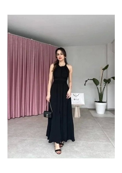 Kadın Krinkil Kumaş Beli Gipeli Halter Yaka Maxi Boy Elbise