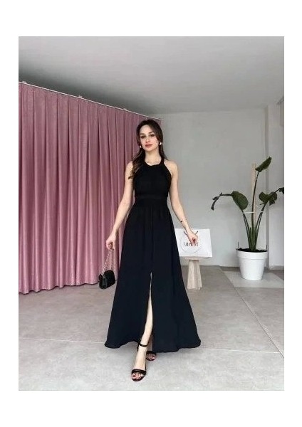 Kadın Krinkil Kumaş Beli Gipeli Halter Yaka Maxi Boy Elbise modelleri