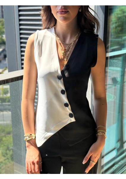 Kadın Sıfır Kol V Yakalı Düğmeli Blok Renkli Atlas Yelek fiyatları