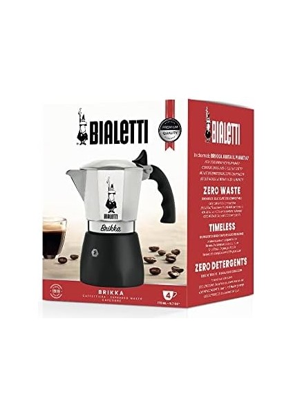 New Brikka Moka Sürahisi, Kremalı Espresso Hazırlayabilen Tek Ocak Kahve Makinesi, 4 Fincan (170 Ml), Alüminyum ve Siyah, Metal