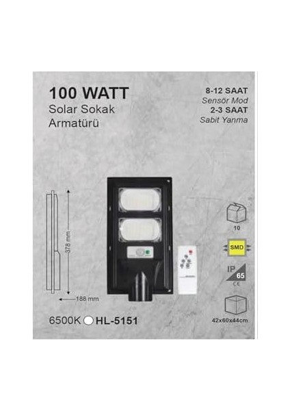 Güneş Enerjili Sokak Lambası Bahçe Aydınlatması Kumandalı Sensörlü Heroled Solar Sokak Armatürü