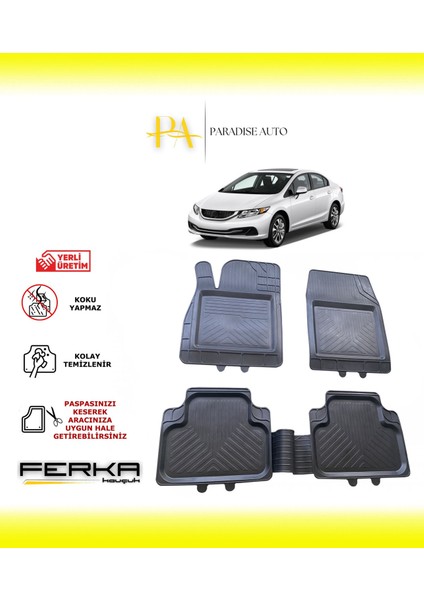 Honda Civic 9 Sedan 2012-2016 Uyarlanabilir Universal Havuzlu Paspas