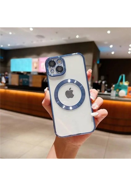 Aksesuar Iphone 13 (6.1) Inç Laser Silikon Arkası Şeffaf Kamera Korumalı Logo Detaylı Luxury Kılıf- Iphone 13 Laser Silicone Back Transparent Camera Protected Logo Detail Luxury Case (Mavi)