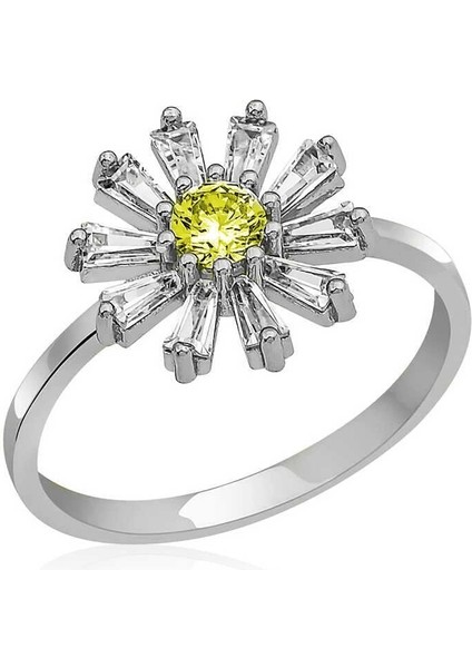Gümüş Trapez Sarı Taşlı Çiçek Kadın Yüzük