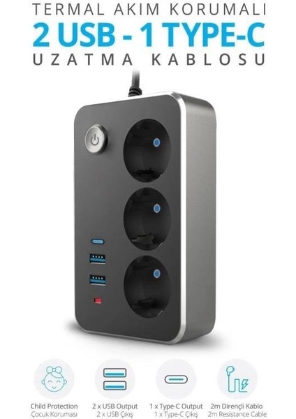 Akım Korumalı 2 USB Li 1 Typc 3 Lü Priz Açma Kapama Anahtarlı